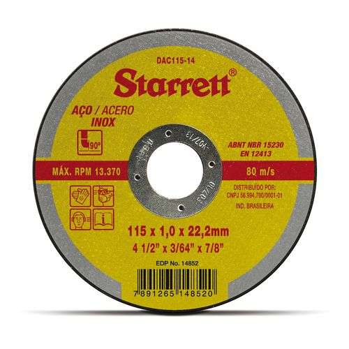 Disco de Corte Aço Inox 115mm x 1mm DAC115-14 Starrett