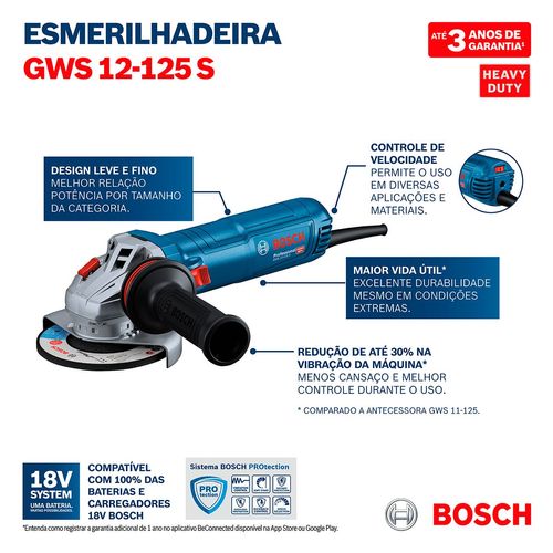 Esmerilhadeira angular 5" GWS 12-125 S 1200W 220V Bosch