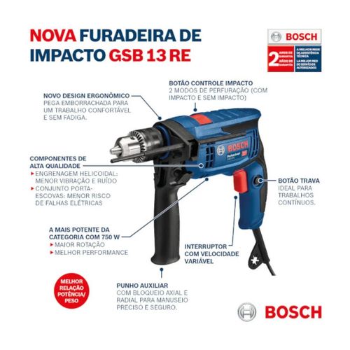 Furadeira Impacto Reversível Eletrônica 1/2'' 750W GSB 13 RE Bivolt Bosch