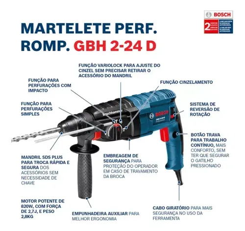 Martelete Rompedor SDS-Plus GBH 2-24 D 820w 127v + 5 Brocas Bosch