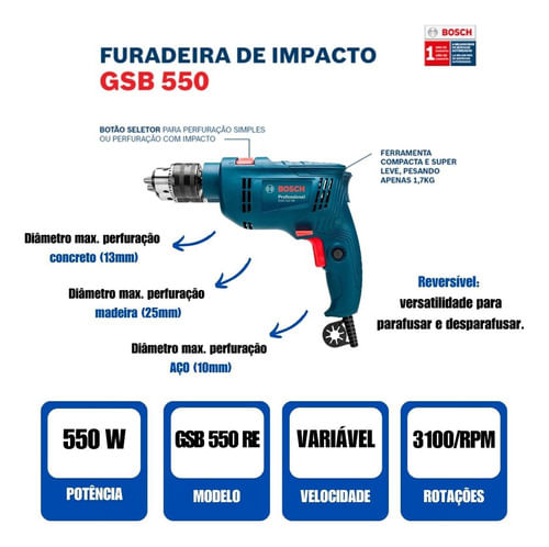 Furadeira de Impacto 1/2 550W GSB 550 RE  – Bosch