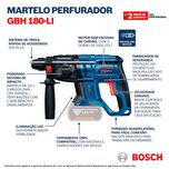 Martelo Perfurador a Bateria 18V SDS Plus 2J GBH 180-LI + Acessórios Bosch